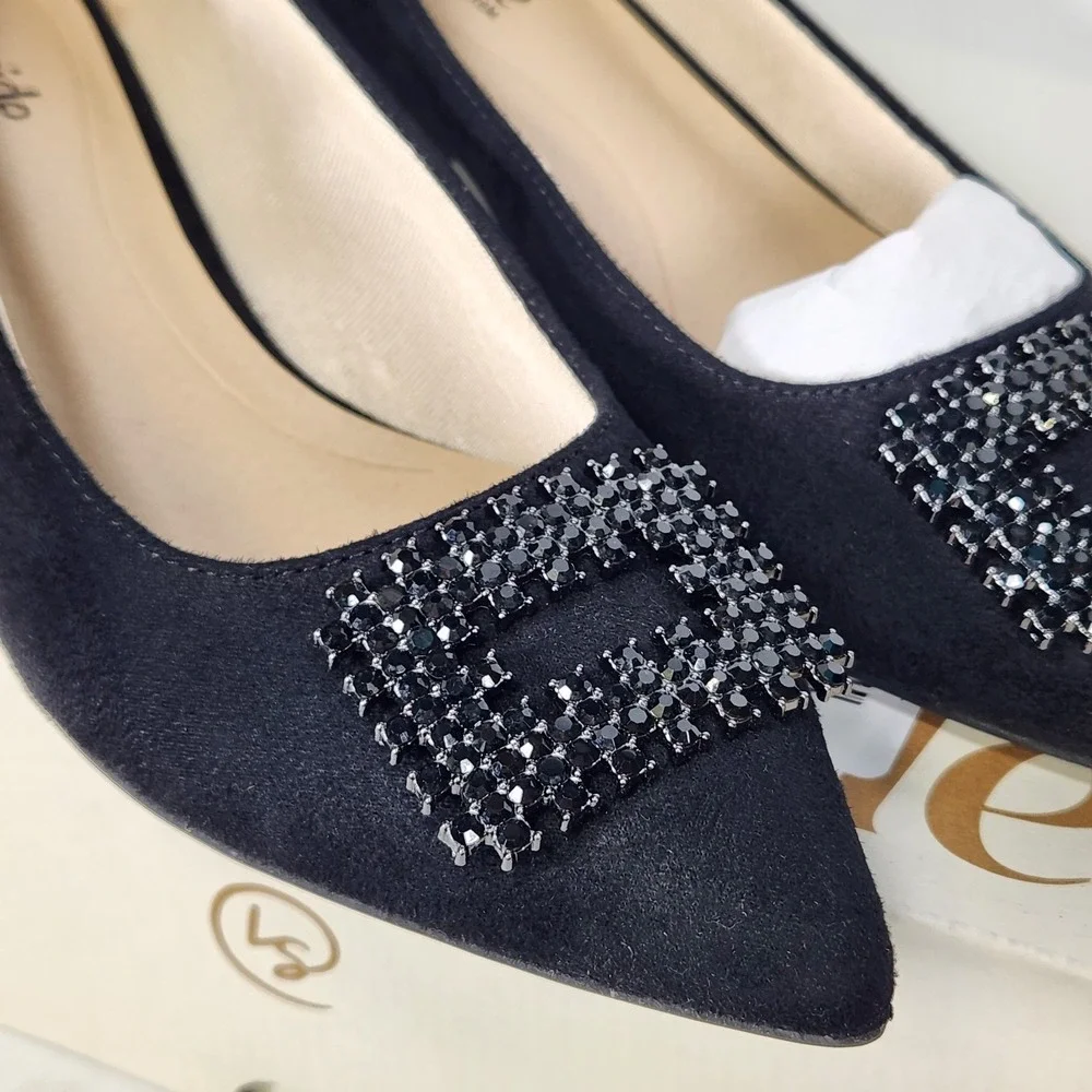 LifeStride Minx Bling Pumps Women Size 8 Black Micro Rhinestone Block Heel New